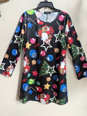 Woman Ruiyige Black w/Red & White Christmas Designs Dress XL #413